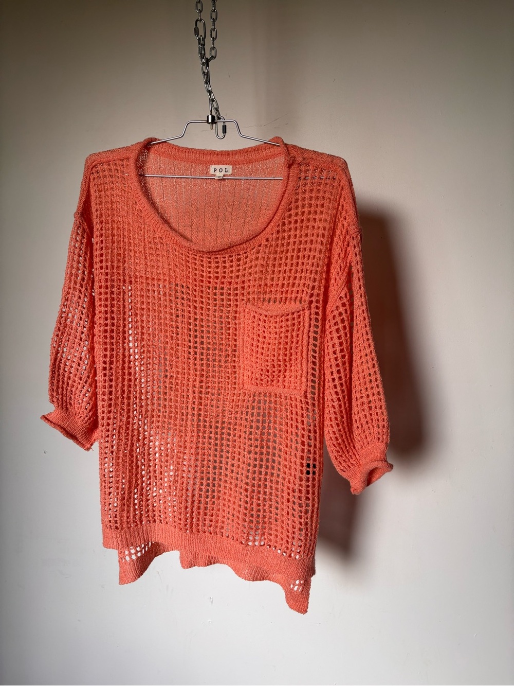 POL Coral Open-Weave Crewneck Pocket Sweater